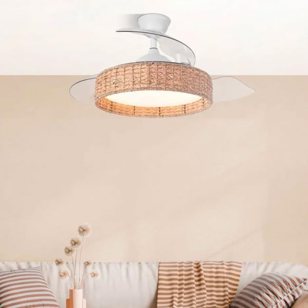 Bilake Lámpara Ventilador de Techo con Luz 59W 6980Lm Retráctil con Diseño Mediterráneo de Ratán