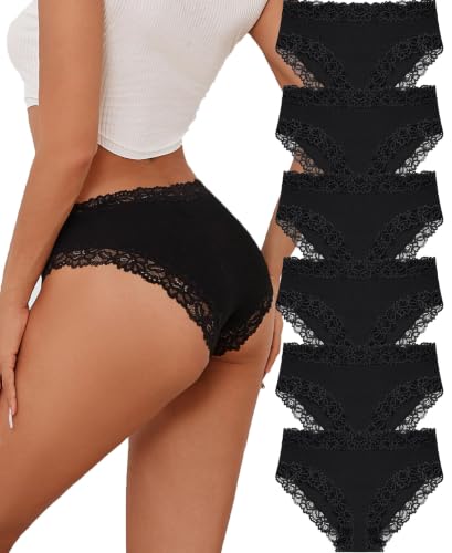 Image of ALL OF SHE 6 Pack Cotton Underwear Women Brazilian Slip Lace Underpants Ladies Panties Sexy Hipster Cheeky Women Underwear Multipack S-XL,BLACK*6,XL