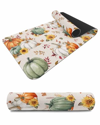 Debedcor Heat Proof Table Pads Waterproof Decorative, Green Orange Pumpkin Fall Non-Slip Table Countertop Protector, Thanksgiving Sunflower Burlap Insulation Mat for Dining Room, 48 x 12 Inches