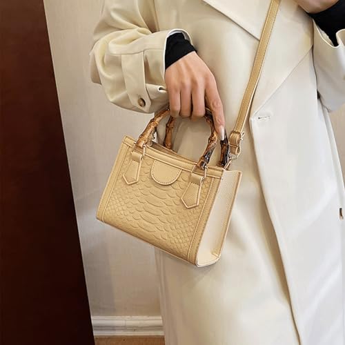 Bamboo Handle Purse for Woman Retro Crocodile Embossed PU Leather Handbag Cute Elegant Purses Top Handle Bag4
