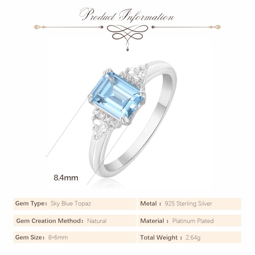 Emerald Cut 3 Stones Ring for Women with Natural Sky Blue Topaz in 925 Sterling Silver, Blue Birthstone 14k White Gold Plated Promise Engagement Ring for Her, Anniversary Birthday Jewelry Set2