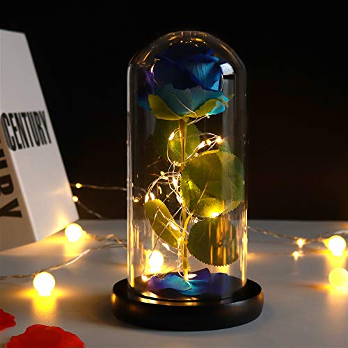 RECUTMS Schoonheid en het beest,Blauwe Rose Zijde Kunstmatige Bloem LED Licht Infinity Forever Rose Glass Kit Gift voor Anniversary,Verjaardag,Moederdag,Decoratie