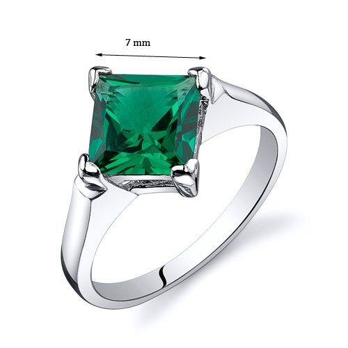 PEORA Simulated Emerald Designer Solitaire Ring for Women 925 Sterling Silver, 1.50 Carats Princess Cut 7mm, Sizes 5 to 93