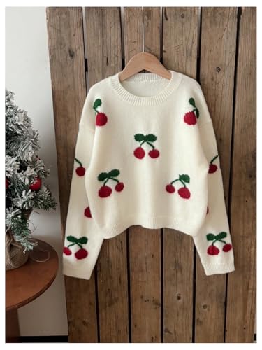 Image of BEAUDRM Girl's Cute Bow Sweater Crew Neck Long Sleeve Drop Shoulder Loose Pullover Tops