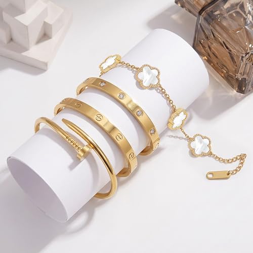 Stackable Gold Bracelets for Women - 4 Sets, 18K Gold Plated Bracelets, Stainless Steel Bangle Bracelets Non-Tarnish, Stylish Gold Jewelry Ensemble, Valentine's Day, Birthday and Christmas Jewelry Gifts — view 6