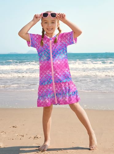 Image of BesserBay Girls Summer Beach Quick Dry Cover Up Ruffle Hem Terry Smocked Hooded 4-14 Years with Pockets