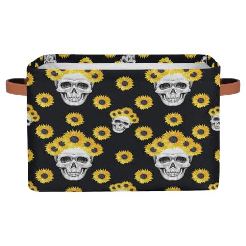Mularoka Sunflower Wreath Skulls Storage Basket 15*11*9.5 Inch Collapsible Storage Bins Foldable Storage Box Bins with Handles For Clothes Kitchen Living Room Storage 2 Pcs