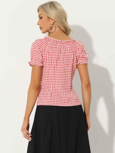 Allegra K Gingham Top for Woman's 2025 Plaid Peasant Round Neck Ruffles Cute Puff Sleeve Tops3