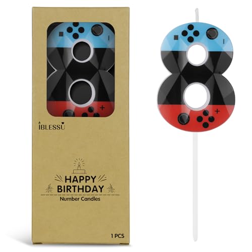 Number 8 Level Birthday Candles 2.68 inch Gamer Candles Red Blue Birthday Candles Game Controller Gamepad Candles Video Game Controller Themed Kids Boy Girl Party Supplies