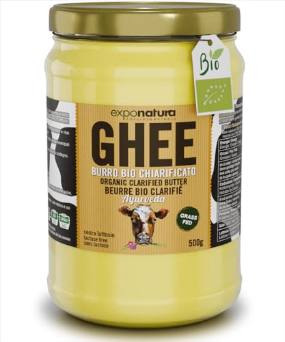 Exponatura Ghee orgánico – Mantequilla clarificada según la antigua receta ayurvédica – solo de la leche de vacas de pasto – sin lactosa, extremadamente digerible (500 g)