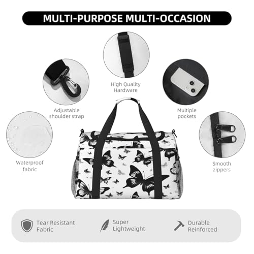 Black Animal Butterfly Duffle Bag Travel Duffel Bags for Men Women Waterproof Gym Overnight Weekender Bag Carry on Tote Bag4