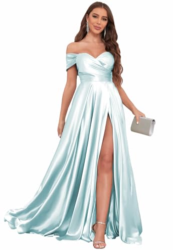 Image of SOLODISH Off The Shoulder Satin Prom Dresses for Women Long Formal Evening Party Dress with Slit