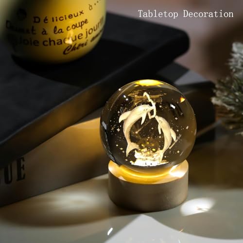 Image of UCRAVO LED Cristal Ball Lamp | LED Dolphin 3D Crystal Ball Night Light | Glass Ball Illuminated with Wooden Base | USB Charging Lamp for Bedroom | Home Decor & Gift with Soft Ambient Lighting
