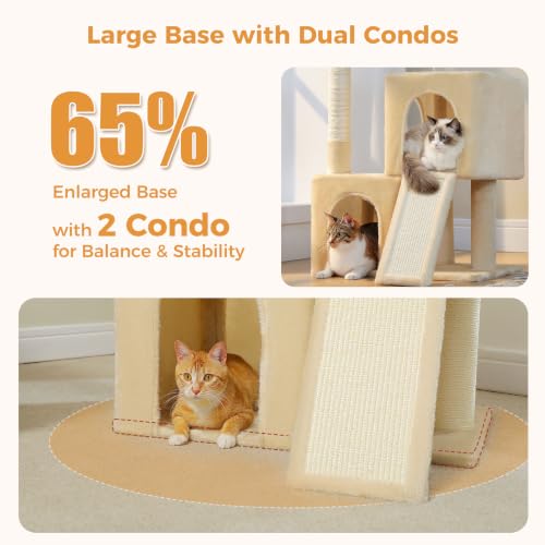 Image of PAWZ Road Large Cat Tree, 45 inch Heavy Duty Cat Tower with Dual Condos, Beige