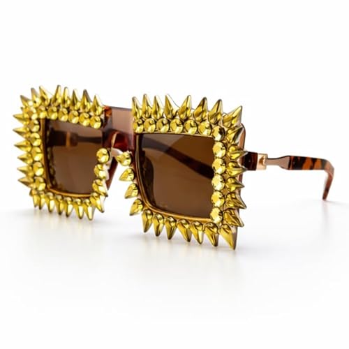 ICARA Punk Rock Square Sunglasses for Women | Retro Fashion Shiny Rhinestone Decor Sun Glasses | UV Protection Eyewear (Yellow Diamond Tea Lens)