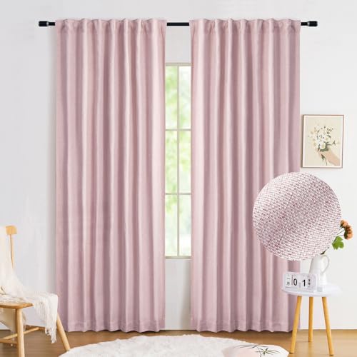 Pink Full Blackout Curtains for Nursery Girls Bedroom, 90 Inches Long Burlap Linen Textured Thermal Insulated 100 Room Darkening Back Tab Rod Pocket Drapes for Living Room Dining, 52"W 2 Panels