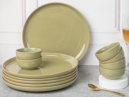 Image of Bodhi House Handcrafted Chip Resistant Porcelain Dinner Set, 12 Pieces Dish Set Serving for 6, Microwave and Dishwasher Safe, Bone-ash Free, Crockery Set for Dining and Gifting, Olive Green