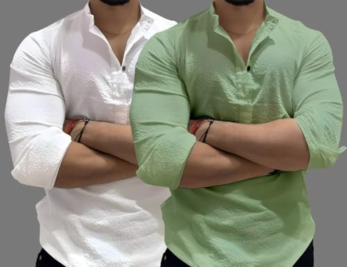 Image of MiraMichi Men's Cotton Blend Kurta | Kurta for Men Stylish Casual Short Kurta | Half Kurta Shirt Daily Use for Summer Season | Mandarin Collar Cotton Kurta's for Man Comfort