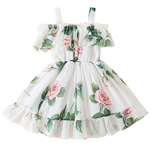 Agqt Baby Girls Summer Dress Floral Chiffon Beachwear Casual Sundress Off Shoulder 3D Flower Princess Suspender Ruffle Tunic Dress White Size 1-2T #TOP9