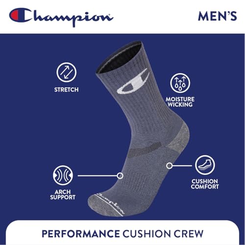 Image of Champion Men's Cushioned Crew Socks 5-Pack - Moisture-Wicking Athletic Crew Socks with Arch Support (Sizes 6-12)