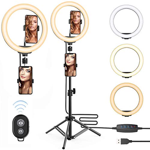 10'' Selfie Ring Light with 63inch Tripod Stand & Two Phone Holder for Make Up Live Photo Photography Vlogging Video - Upgraded Dimmable Camera Ring Light for TikTok/YouTube/Makeup/Photography