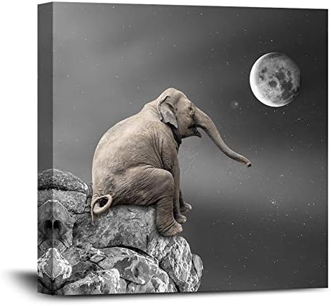 Elephant Canvas Wall Art for Living Room Wall Decor with Frame Baby Elephant Sitting on Big Rock in Front of Moon and Stars Wall Painting Aesthetic Black White Animal Home Decoration Artwork Cute Picture 12×12inch
