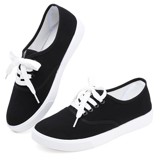 Image of Womens White Canvas Sneakers Lightweight Lace Up Fashion Comfortable Canvas Shoes Low Top Slip On Casual Tennis Walking Shoes Women Footwear
