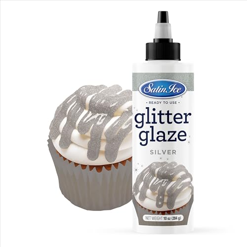 Satin Ice Silver Glitter Glaze (10oz Bottle) For Decorating Cakes, Cupcakes, Brownies, and Doughnuts