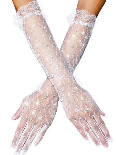 GEMILY White Lace Long Gloves Glitter Rhinestone Sheer Gloves for Women