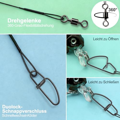 Realure 60 Stücke Stahlvorfach Hecht Angeln Set mit Wirbel & Snaps, 3 größen Edelstahl Fischen Angelzubehör Raubfisch, Vorfach Angeln Vorfächer zum Spinnangeln für Salzwasser Süßwasser (Schwarz)
