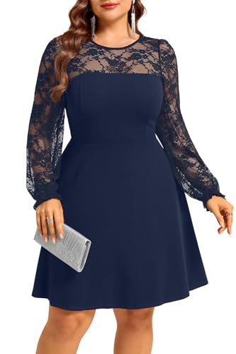 Image of Plus Size Cocktail Dress - Lace Wedding Guest Party Crew Neck Short A Line Dresses Women