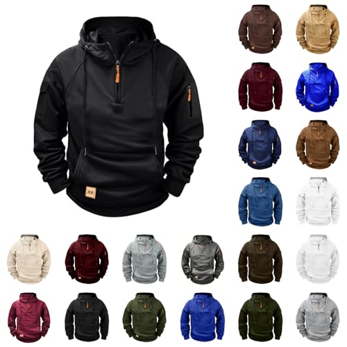 Hoodies for Men Military Quarter Zip Cargo Pullover Jacket Tactical Vintage Workout Hooded Sweatshirt with Pockets