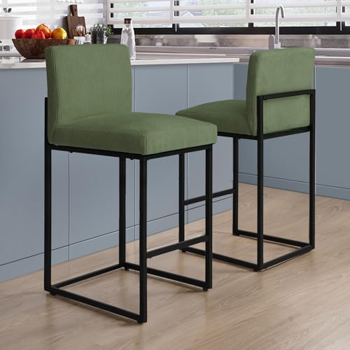 Green-and-Black-Bar-Stools-Set-of-2-Modern-Counter-Height-Stools-255-Height-with-Back-and-Footrest-for-Kitchen-Corduroy-Upholstered-Farmhouse-Bar-Chairs-Island-Stools Green and Black Bar Stools Set of 2 Modern Counter Height Stools 255 Height with Back and Footrest for Kitchen Corduroy Upholstered Farmhouse Bar Chairs Island Stools
