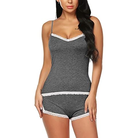 BESDEL Cotton Sleepwear Set Sexy Pjs for Women Lace Trim Cami and Shorts Pajama Set Dark Grey Small Cover