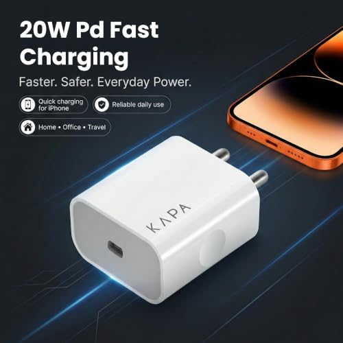 Image of 20W PD Fast Charger Adapter for iPhone 14 /13 /12 /11 Series | Type C Wall Adapter + Type C to Lightning Nylon Cable | BIS Certified|1 Year Warranty| White