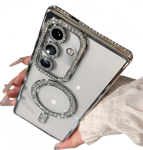 Image of for Samsung Galaxy Glitter Case,Luxury Bling Rhinestone Diamond Plated Bumper Case,MagSafe, Sparkle Camera Lens Protection Clear Back Cover (Silver, for Samsung Galaxy A55 5G)