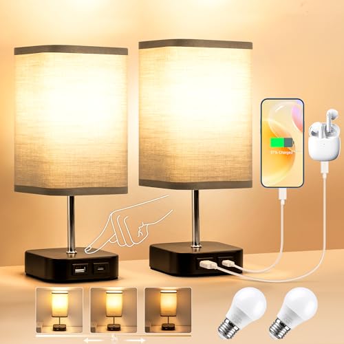 Lampade da Tavolo o da Comodino con Controllo Touch Interruttore Doppia Porta USB Lampadina LED Inclusa Abat Jour da Comodino con Porte di Ricarica USB A+C Lampada da Tavolo per Camera da Letto Soggio