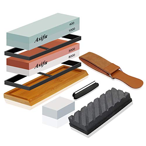 Knife Sharpening Stone Kit, Professional Water Stone Set, 2 in 1 Grit 400/1000 3000/8000, Bamboo Base, Flatting Stone, Polishing Compound, Leather Honing Strop and Leather Razor Strop