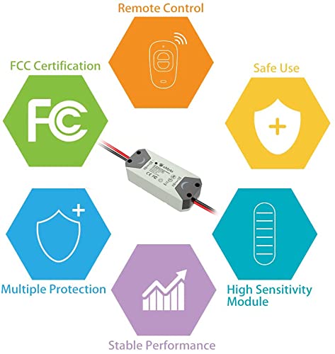Diagram showing key features: Remote Control, FCC Certification, Safe Use, Multiple Protection, High Sensitivity Module, Stable Performance