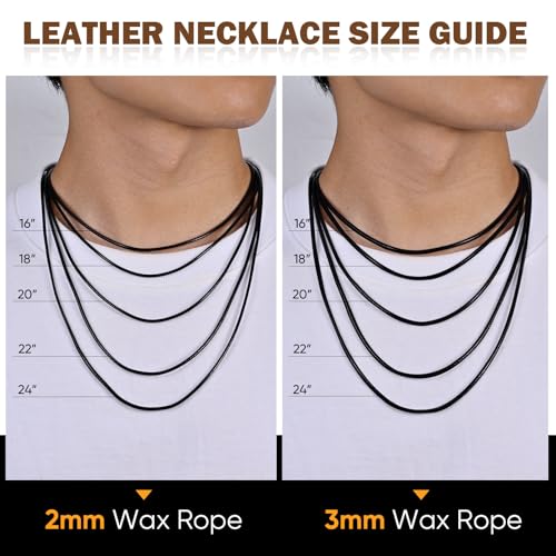 VNOX Leather Necklace Cord for Men Women - 2MM/3MM Waterproof Braided Leather Necklaces String with Silvering Snap Clasp, Black Choker Woven Wax Rope Chain for Pendant Collar,16/18/20/22/24 Inches4
