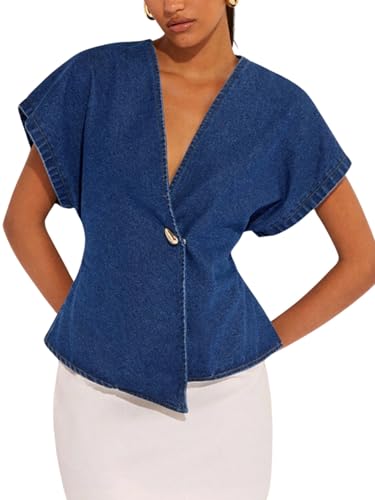 Floerns Women's Asymmetrical Denim Blouses Button Dolman Sleeve Wrap V Neck Jeans Tops
