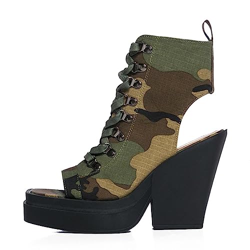 Arqa Camo Heeled Sandals Peep Toe Chunky Heel Summer Sandal Ankle Boots Lace-up Platform Booties