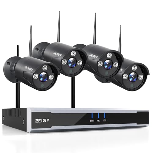 REIGY 3MP Kit Videosorveglianza Wifi Esterno con Registra Audio, Sistema di Sicurezza 16CH NVR+4x 1296P Camera, Telecamera Sorveglianza Wireless Impermeabile Visione Notturna Senza HDD