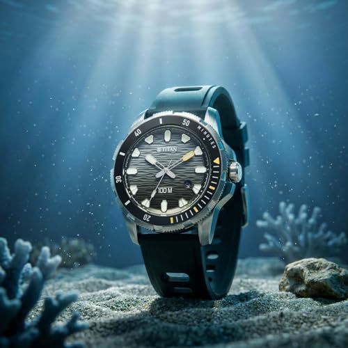 Image of Titan Zero Hour Diver's 100m Analog with Black Dial Black FKM Strap Watch for Men - 10067KP01