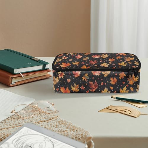 Image of Maple Leaves Kids Pencil Case for Boys Girls Large Pencil Pouch,Fall Pencil Container for 5-14 Years Children Pencil Bag for School Students Teenagers Pencil Organizer for Daily,Black