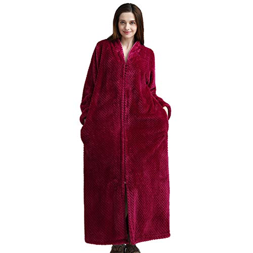 Long Hooded Zipper Bathrobe, Women Flannel Fleece Kimono Robes Warm Housecoat Nightgown-red Wine XL