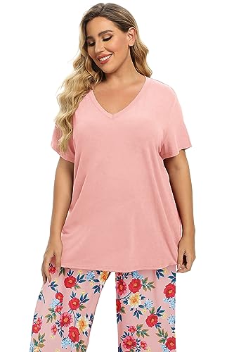 Image of Vozanet Women's V Neck Sexy Pajamas Capri Sets Mexican Style Floral Sleepwear 2PCS Totem Casual Nighty Plus Size M to 5XL