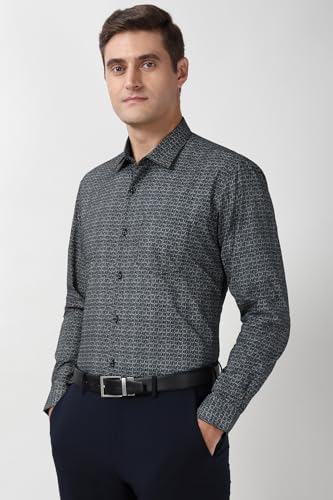 Image of Peter England Men's Printed Formal Shirt with Geometric Bloom Pattern - 100% Cotton, Full Sleeves, Regular Fit