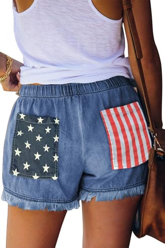 YOCUR Womens USA Flag Jean Shorts Stretch Waist Light Wash Denim Shorts Women Casual Baggy Fringe Drawstring Pockets fouth of July Short Pants Blue XL