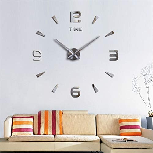 SIEMOO Large DIY Wall Clock Kit, 3D Modern Frameless Wall Clock with Mirror Number Stickers for Home Living Room Bedroom Office Decoration-Silver